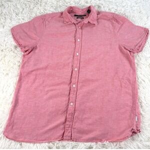 Perry Ellis Mens Washable Linen Blend Short Sleeve Button Down Shirt Pink Large
